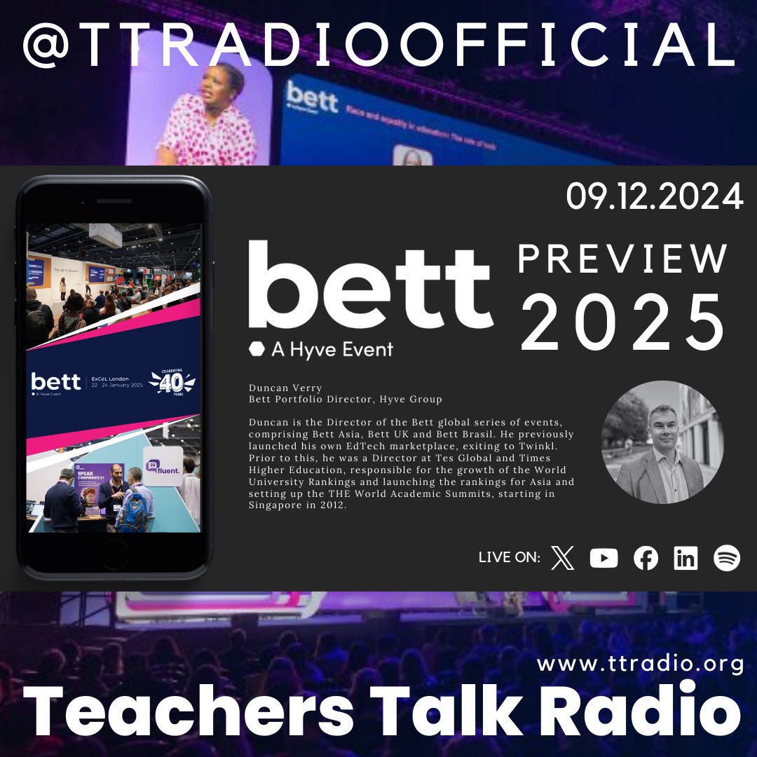 Tom Rogers (@rogershistory) on Twitter photo Wondered what’s going to be happening at <a href="/Bett_show/">Bett Global</a> in January? Join me tomorrow for a sneak preview with Duncan Verry, the guy responsible for putting it all together! 6pm, watch live…. <a href="/TTRadioOfficial/">Teachers Talk Radio</a> Wondered what’s going to be happening at <a href="/Bett_show/">Bett Global</a> in January? Join me tomorrow for a sneak preview with Duncan Verry, the guy responsible for putting it all together! 6pm, watch live…. <a href="/TTRadioOfficial/">Teachers Talk Radio</a>