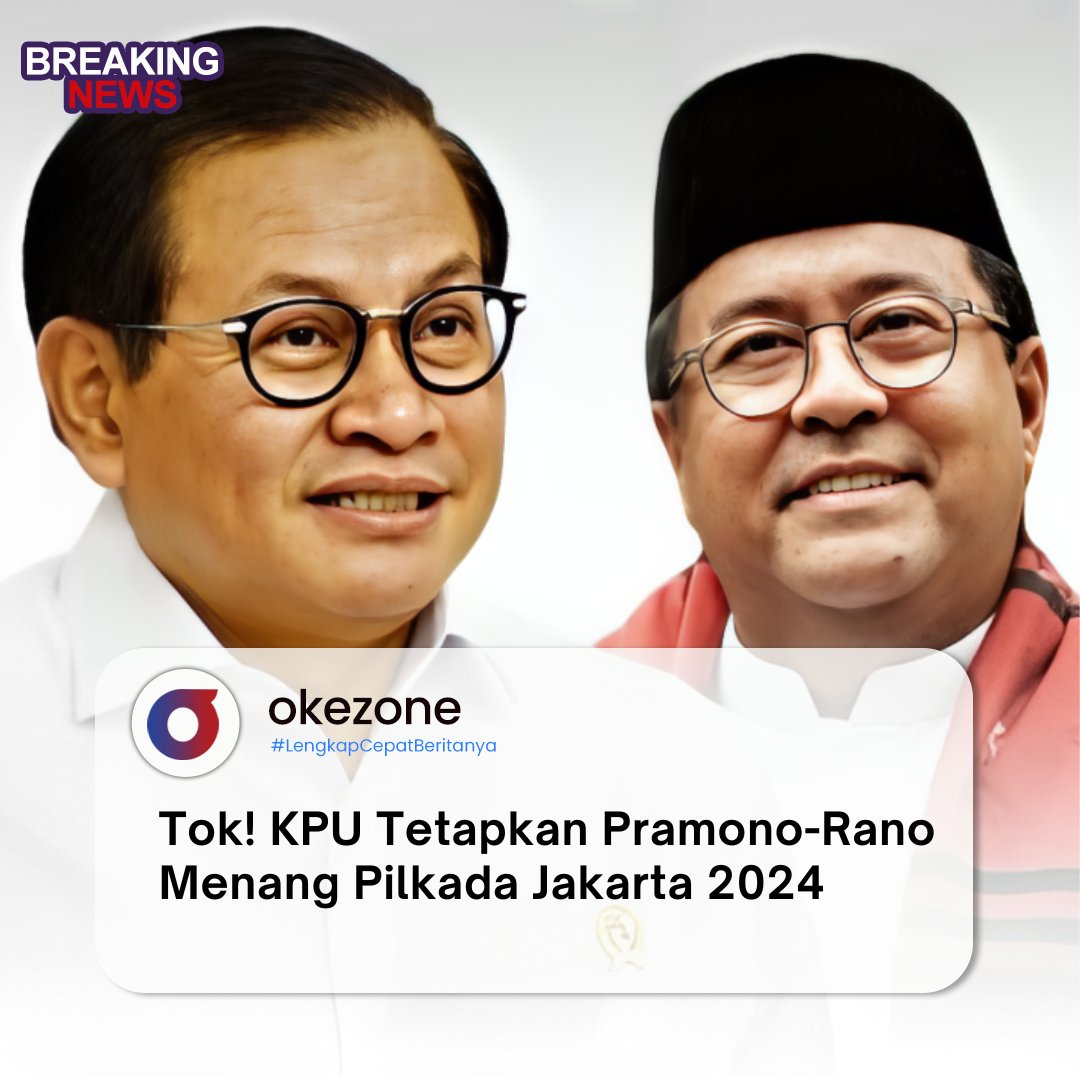 okezonenews's tweet photo. Breaking News! 🚨

Komisi Pemilihan Umum (KPU) DKI Jakarta menetapkan pasangan Pramono Anung-Rano Karno menang Pilkada Jakarta 2024 satu putaran dengan meraih suara terbanyak atau 50,06 persen. 

Selamat atas terpilihnya Pramono-Rano sebagai pemimpin baru untuk Jakarta 2024-2029, semoga amanah dan bisa memajukan Kota Jakarta menjadi lebih baik.

https://t.co/CyMdMJEEWs

#okezonecom #pramonorano #pilkada2024 #jakarta