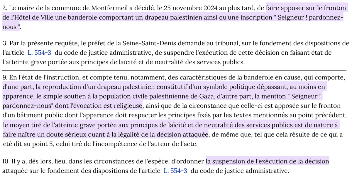 Neutralité &amp; laïcité : En référé, la décision d'apposer une banderole sur le fronton d'une mairie (<a href="/Montfermeil_off/">Ville de Montfermeil</a>) est suspendue.

La banderole comporte un drapeau palestinien &amp; l'inscription « Seigneur ! pardonnez-nous ».

Ce qui affecte les principes de laïcité &amp; neutralité.