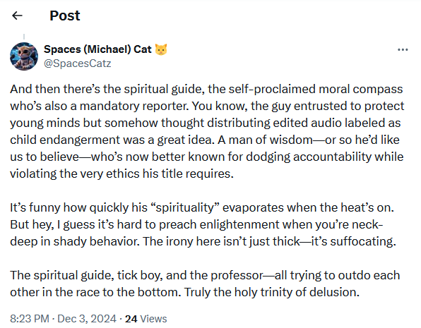 catz_hatz's tweet photo. The audio was trimmed down however it doesn't change the fact in 20+ minutes nothing related to or about child abuse was referenced

In fact the ramblings did not reference anything sexual up until this audio clip originated from. Leading up to it was disc around fraud and more https://t.co/bOwha8kNn7