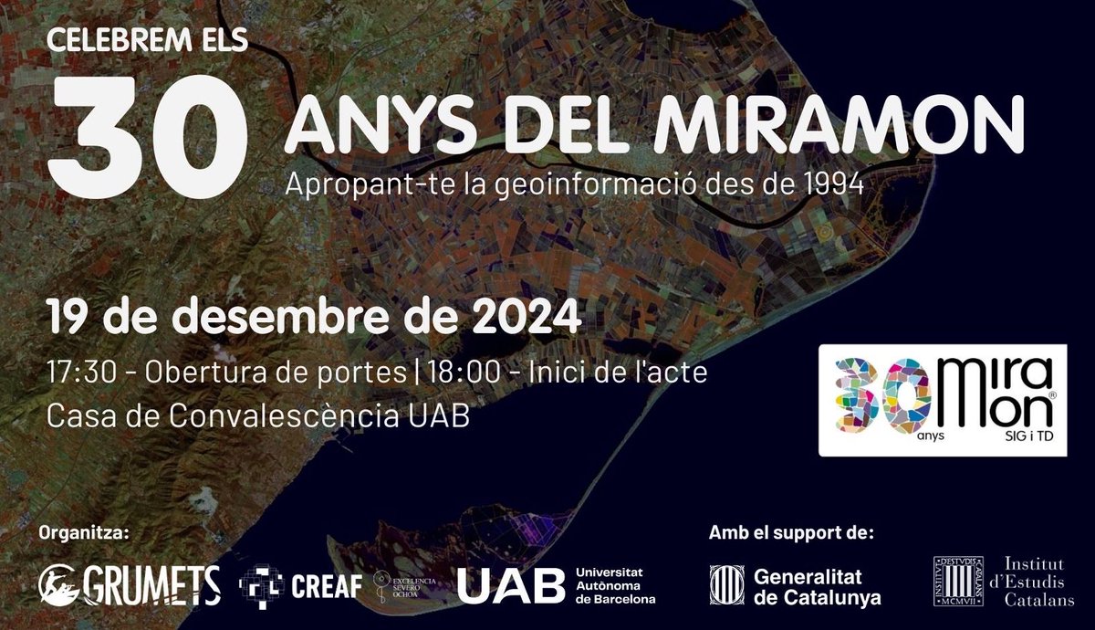 Aquest proper dijous 19 a la tarda, acte central dels 30 anys de <a href="/MiraMon_GIS/">MiraMon</a> a Barcelona 👏👏. Més informació👇@grumets_uab <a href="/uablletres/">Filosofia i Lletres</a> <a href="/UABBarcelona/">Universitat Autònoma de Barcelona</a> <a href="/acebolladaf/">Àngel Cebollada</a>  
miramon.cat/CAT/MM_30anys.…