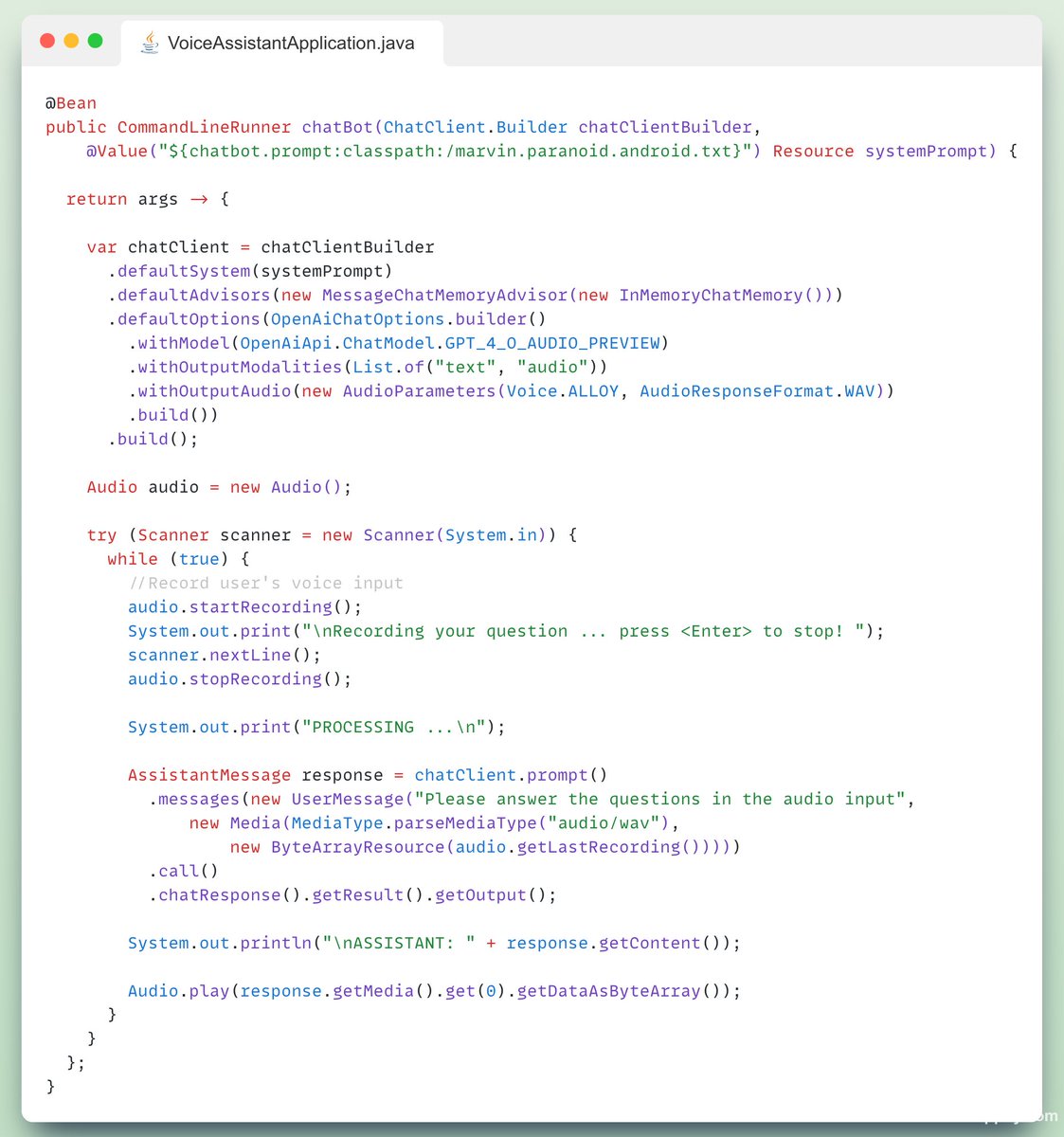 christzolov's tweet image. Few lines of #SpringAI to implement a voice-based chat assistant application.
Find more: spring.io/blog/2024/12/0…
Github: github.com/tzolov/voice-a…