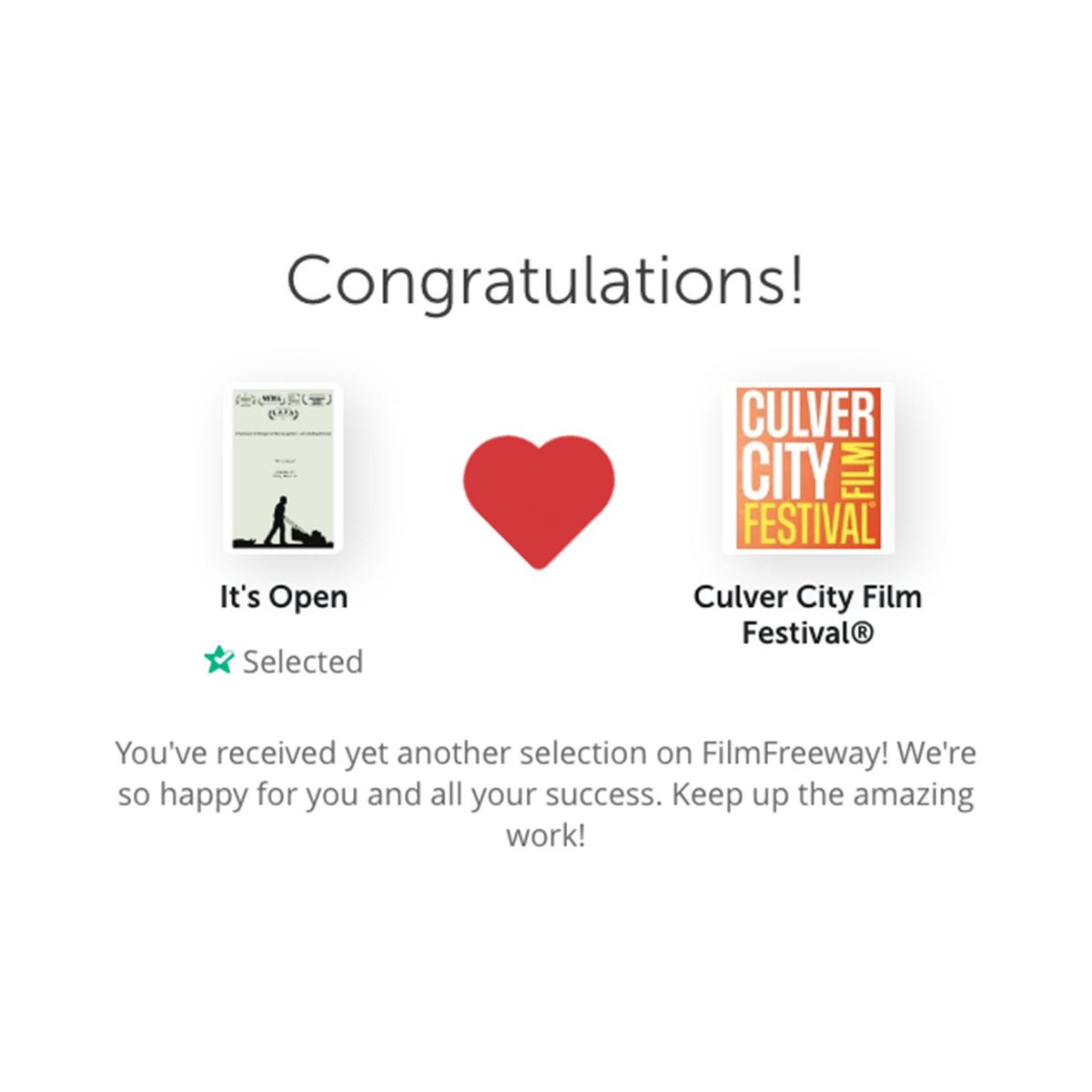 “It’s Open” 📝 (@itsopenshort) on Twitter photo 🌿 The <a href="/ItsOpenShort/">“It’s Open” 📝</a> screenplay was made an OFFICIAL SELECTION by <a href="/culvercityff/">Culver City Film Festival</a> event in Culver City today!
I am touched & honored to represent Southern California… ♥️ <a href="/dougmaguire/">Doug Maguire</a>
<a href="/FilmFreeway/">FilmFreeway</a>
#OfficialSelection #CulverCityFilmFestival #CCFF #laurels #FilmFreeway #ThankYou 🌿 The <a href="/ItsOpenShort/">“It’s Open” 📝</a> screenplay was made an OFFICIAL SELECTION by <a href="/culvercityff/">Culver City Film Festival</a> event in Culver City today!
I am touched & honored to represent Southern California… ♥️ <a href="/dougmaguire/">Doug Maguire</a>
<a href="/FilmFreeway/">FilmFreeway</a>
#OfficialSelection #CulverCityFilmFestival #CCFF #laurels #FilmFreeway #ThankYou