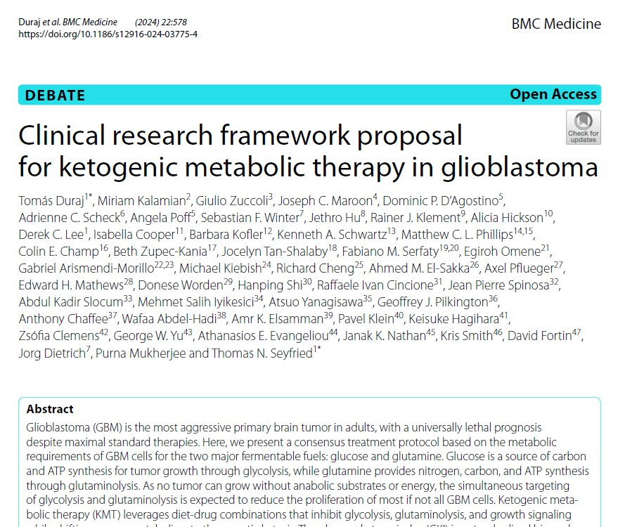 ClemensZsofia's tweet photo. The most comprehensive glioblastoma (GBM)—ketogenic diet paper is now out and available as open access. I hope this paper will change the landscape. If real science prevailed over something else, there would be more such papers by now. I hope this will be a go-to paper on how glioblastoma should be properly viewed and treated. This issue is urgent as despite loads of money and human resources poured into it, the outcome of GBM is poor and has not been getting better over the last decades. Professor Seyfried and his colleagues put together a masterpiece, and I am honored to be associated with this paper.
https://t.co/qc2egaFicP