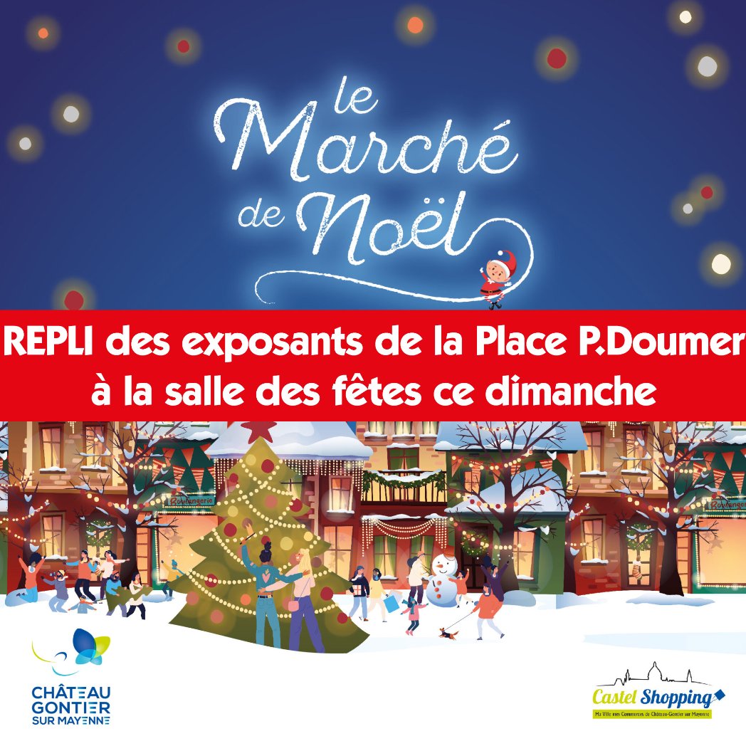 chateau_gontier's tweet photo. Marché de Noël #ChateauGontier 
ℹ️En raison des dégâts occasionnés par une bourrasque de vent hier soir Place Paul Doumer, les exposants de ce pôle restauration se replient à la salle des fêtes ce dimanche 8 déc.
Pas de changements pour les stands Place de la République
#Tempete https://t.co/uCoQJLisB2