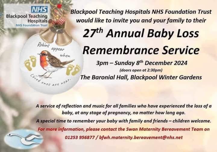 Today is our <a href="/BlackpoolHosp/">NHS Blackpool Teaching Hospitals 💙🌈</a> <a href="/BthMaternity/">BTH_Maternity</a> <a href="/SwanModelBTH/">BTH SWAN End Of Life Bereavement Care</a> 
Baby Remembrance Service - <a href="/WGBpl/">Winter Gardens BPL</a> 
No booking needed all welcome 
<a href="/goodgrieftrust/">The Good Grief Trust</a>