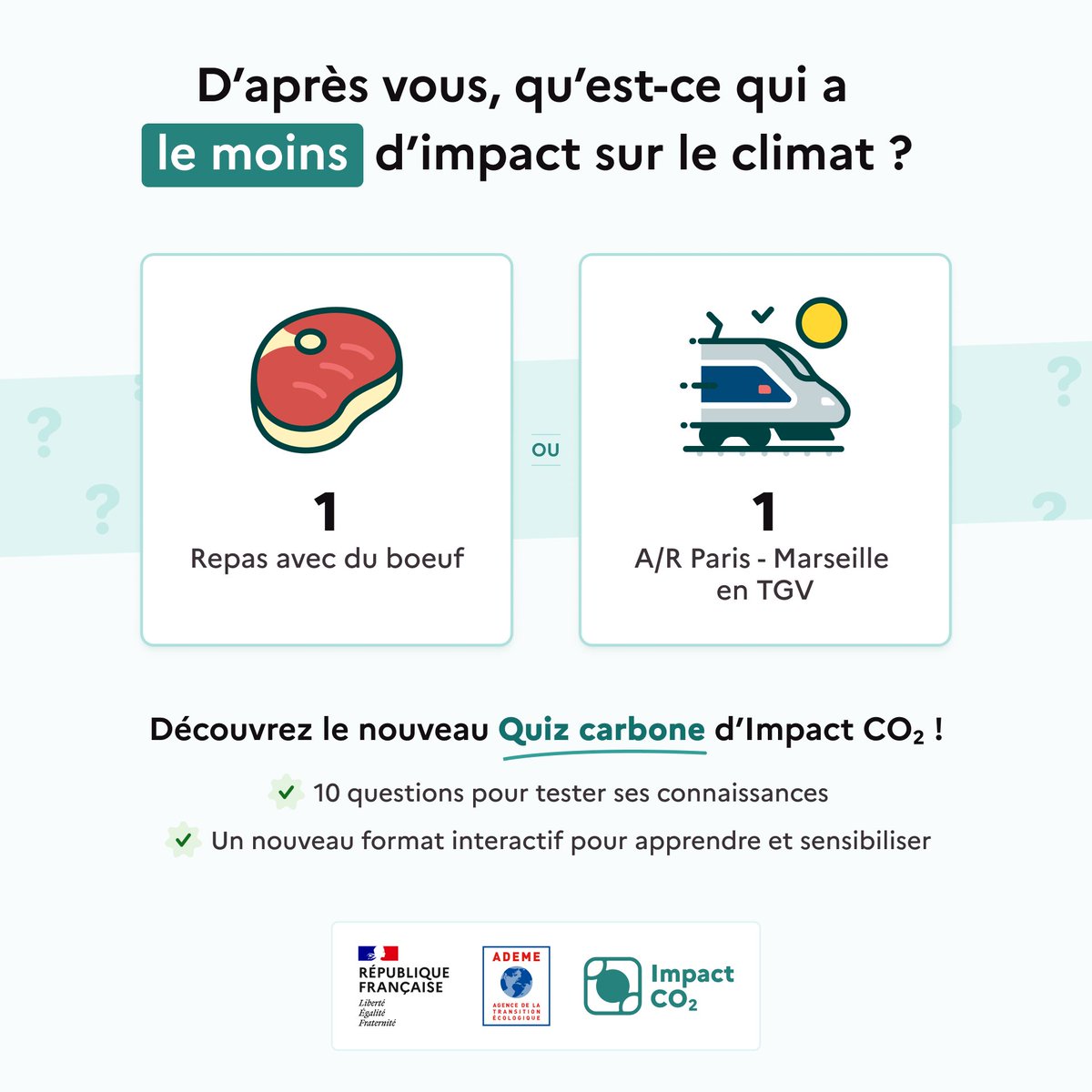 etudiantgouv's tweet photo. #Journéemondialeduclimat
🎯 Envie de tester vos connaissances avec le #QuizCarbone développé par Impact CO2 (@ADEME) ?
🃏  10 questions pour comprendre les bons ordres de grandeur
A vous de jouer ! 👉 https://t.co/8IkvYJ5vay https://t.co/T5INECxAJv