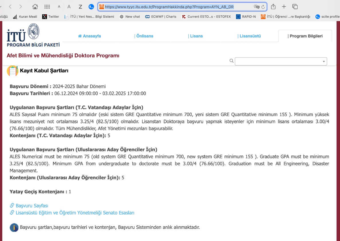 Türkiye’de ilk ve tek!1️⃣ Başvuru tarihini kacırmayın.
"Afet Bilimi ve Mühendisliği Doktora Programı"
tyyc.itu.edu.tr/ProgramHakkind…
İTÜ Afet Yönetim Enstitüsü
Başvuru Dönemi : 2024-2025 Bahar Dönemi 
Başvuru Tarihleri : 6.12.2024 09:00 - 3.02.2025 17:00 Yaygın duyuru için RT Lütfen!🙋🏻‍♂️🌺