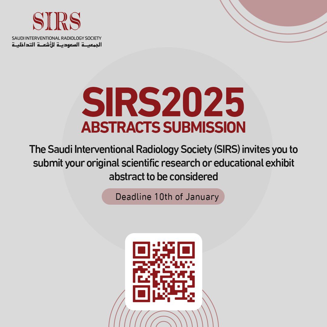 sirs_ksa's tweet photo. Research Abstract Submission for SIRS 2025 Now Open!

We are excited to announce that the abstract submission for SIRS 2025 is now officially open! Researchers, scientists, and practitioners are invited to submit their abstracts for consideration at the upcoming SIRS 2025 congress.

Key Details:

Abstract Submission Deadline: January 10, 2025
Congress Dates: February 6-8 2025.
Submission Portal: 

https://t.co/cbPZNmT0Xu

For detailed submission guidelines and more information, please visit 

https://t.co/APae49gkjQ

We look forward to receiving your abstracts and seeing you at SIRS 2025!

SIRS 2025 Congress Research   Committee

#SIRS_2025
#Riyadh
#IR
#SIRS