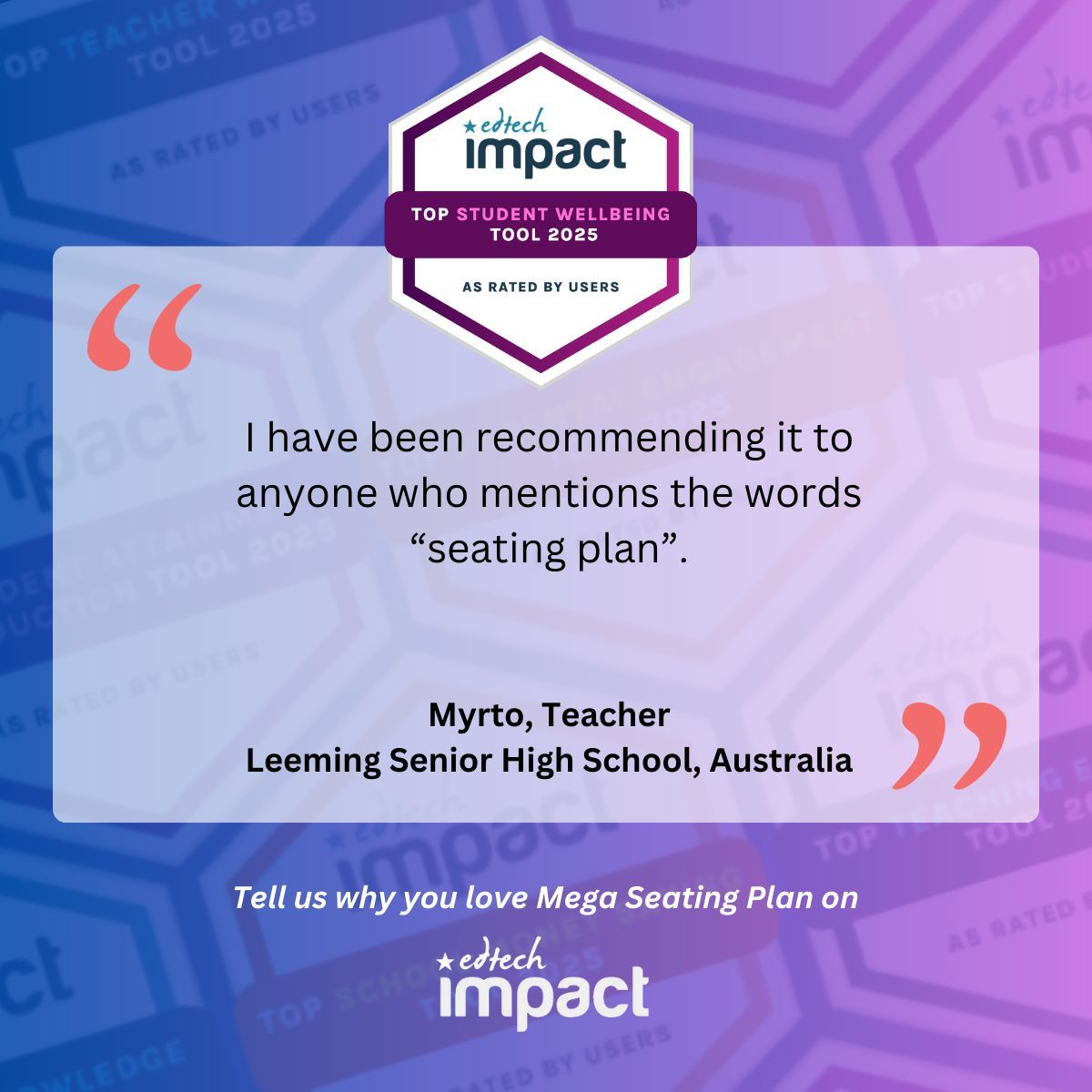 megaseatingplan's tweet photo. Mega Seating Plan is the top student wellbeing tool for 2025, according to the independent teacher reviews on EdTech Impact.

https://t.co/2K2u5qJSEo https://t.co/o1tTCllFDL