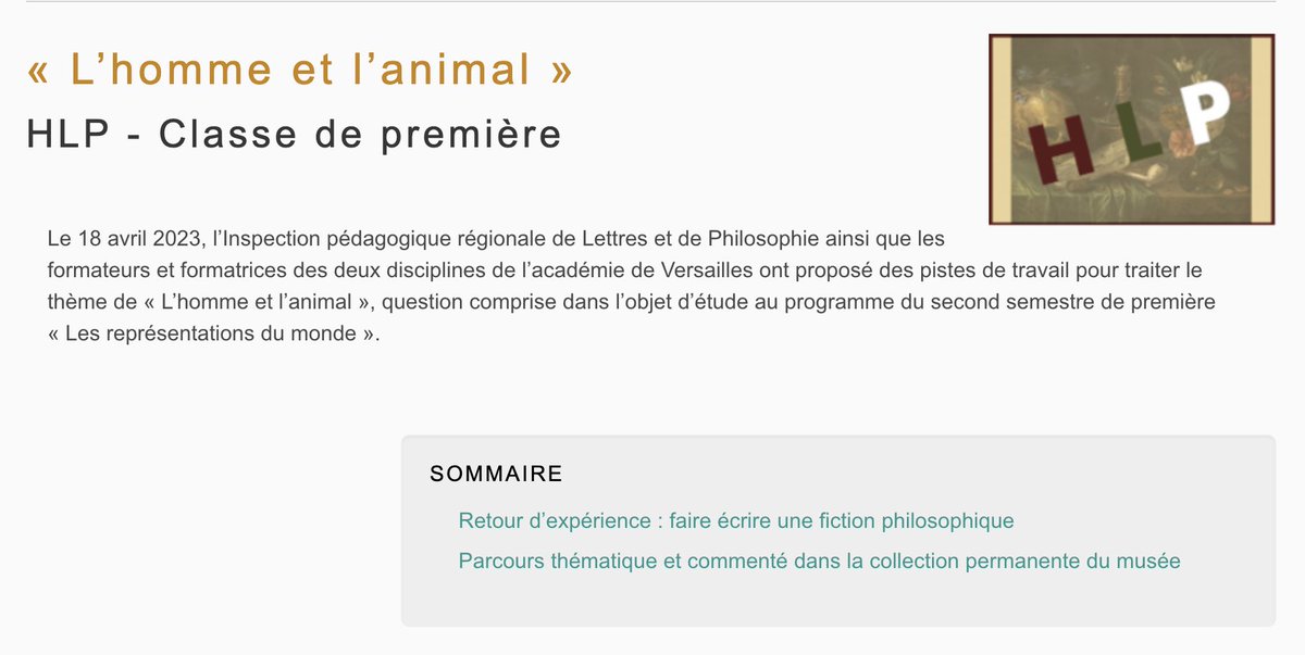 PageDesLettres's tweet photo. đș « Lâhomme et lâanimal » - https://t.co/PHv2y8DsDP
âĄïž Des pistes pĂ©dagogiques en enseignement de spĂ©cialitĂ© #HLP pour faire Ă©crire une fable philosophique et faire prĂ©parer une visite de musĂ©e autour de la question de « Lâhomme et lâanimal » en 1Ăšre (#LycĂ©e) https://t.co/SGBiJINT6o