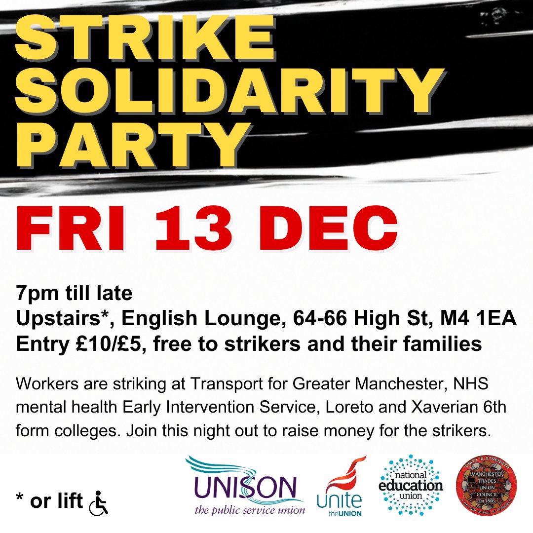 Manchester TUC (@tucmanchester) on Twitter photo Join the #strike #solidarity party this Friday, raising money for the strikes at TfGM, NHS MEIS and 6th form colleges. <a href="/MancStrikeNHS/">MEiS</a> <a href="/NEU_Manchester/">Manchester NEU</a> <a href="/Unite_NorthWest/">Unite North West</a> <a href="/NorthWestUNISON/">UNISON North West</a> #stopthedrop <a href="/strike_map/">Strike Map</a> <a href="/GmaTuc/">President GMA TUC</a> Join the #strike #solidarity party this Friday, raising money for the strikes at TfGM, NHS MEIS and 6th form colleges. <a href="/MancStrikeNHS/">MEiS</a> <a href="/NEU_Manchester/">Manchester NEU</a> <a href="/Unite_NorthWest/">Unite North West</a> <a href="/NorthWestUNISON/">UNISON North West</a> #stopthedrop <a href="/strike_map/">Strike Map</a> <a href="/GmaTuc/">President GMA TUC</a>