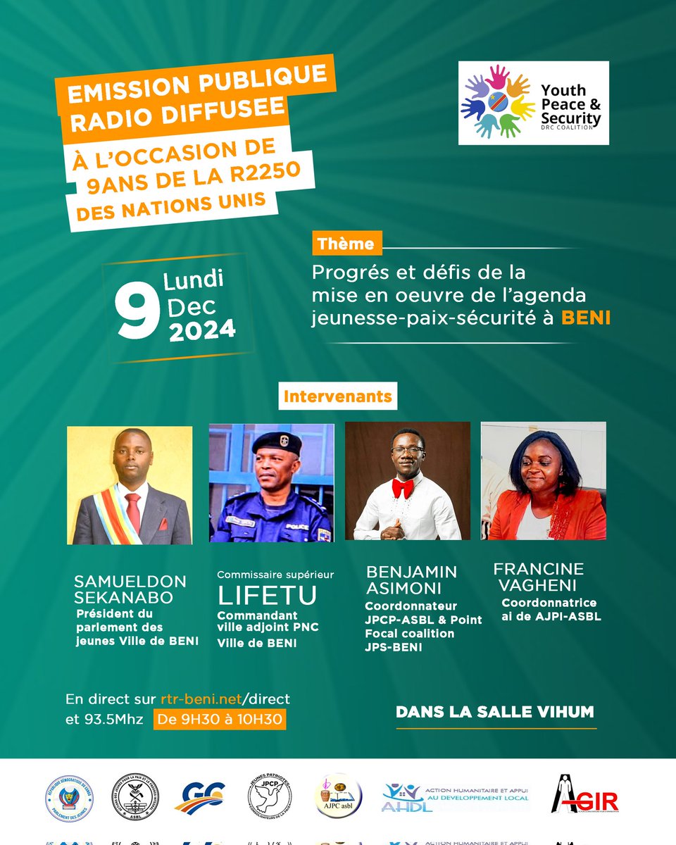 AsimoniBenjamin's tweet photo. 9ans de la Résolution 2250;
Est-tu Jeune?
As-tu une opinion?

La Coalition Jeunesse-paix-sécurité  donne un espace d'expression:

En présentiel à Beni ville

Sur la Radio à Beni ville &amp; territoire RTR Beni 93.5Mhz

Et sur Internet partout dans le monde via https://t.co/Wlxpu8eAHQ https://t.co/y9t3tZxNyN