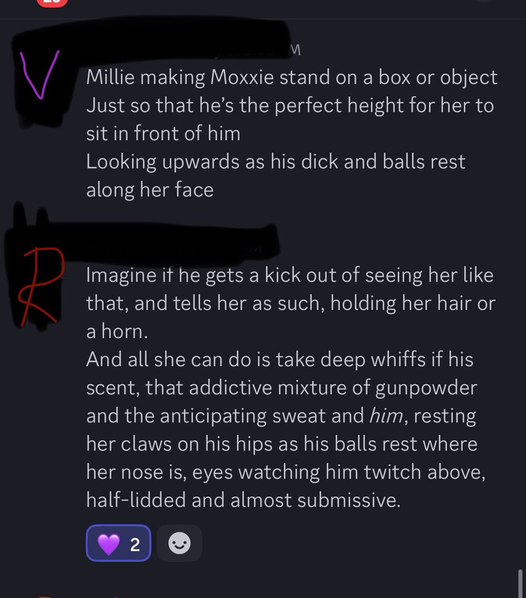 ViolaAfterdark's tweet photo. When you and the amazing @RavingRubyz get too caught up in M&amp;M talk and end up co-writing writing a Millie cock worship nsfw flashfic in discord together 
To good not to share 
V = Viola
R = Ruby https://t.co/a7mpaddy3C