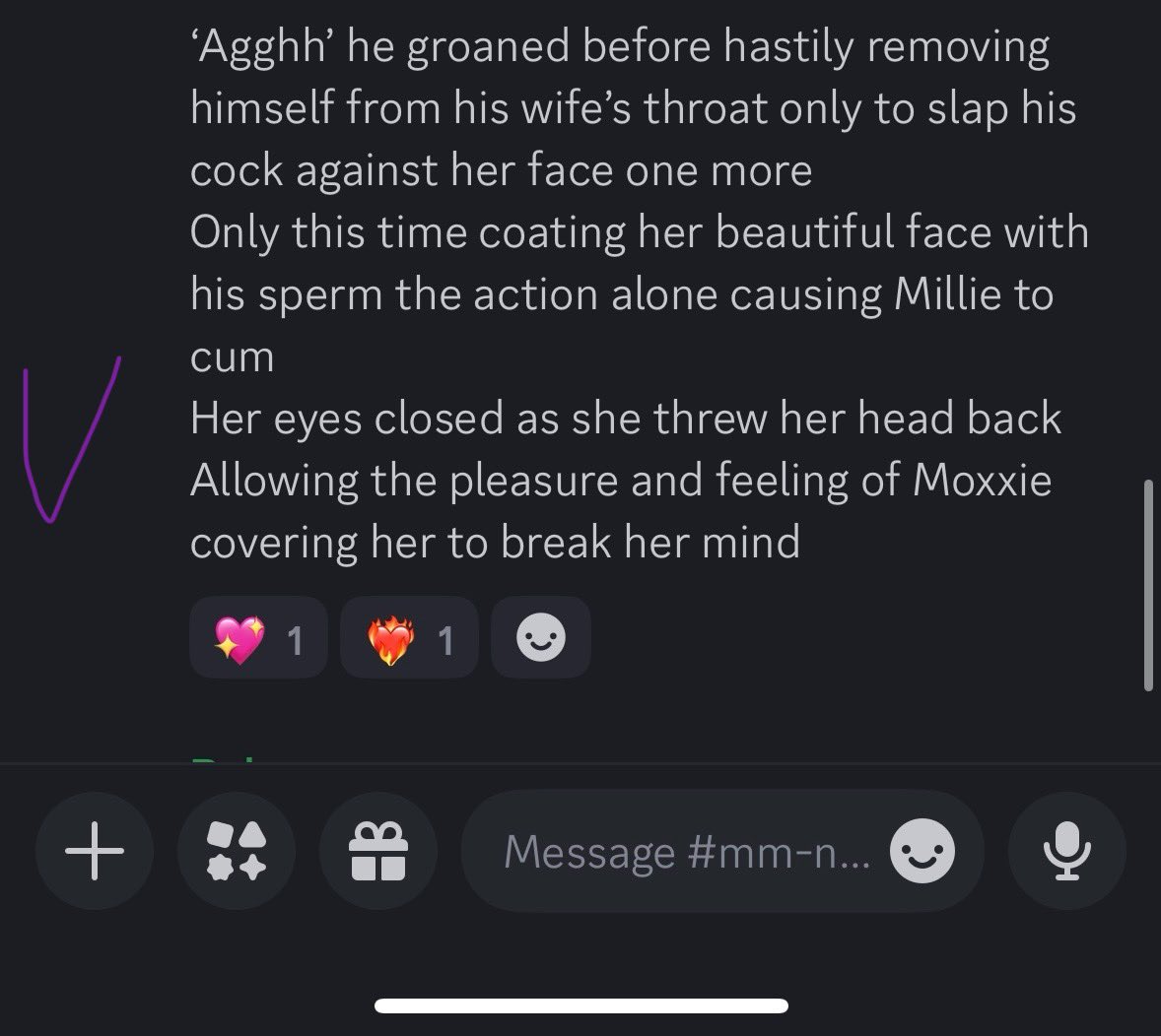ViolaAfterdark's tweet photo. When you and the amazing @RavingRubyz get too caught up in M&amp;M talk and end up co-writing writing a Millie cock worship nsfw flashfic in discord together 
To good not to share 
V = Viola
R = Ruby https://t.co/a7mpaddy3C