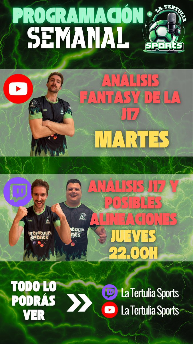 🚨PROGRAMACIÓN SEMANAL🚨

🗓️ MARTES 🔴YouTube🔴
👉 Análisis Fantasy de la Jornada 17, viendo partido a partido y dando las mejores recomendaciones
🎙️ <a href="/argamboyfantasy/">Argamboy</a> 

🗓️ JUEVES ⏰ 22:00H 🟣Twitch🟣
👉 Análisis de la jornada 17 en clave Fantasy, vemos las posibles alineaciones