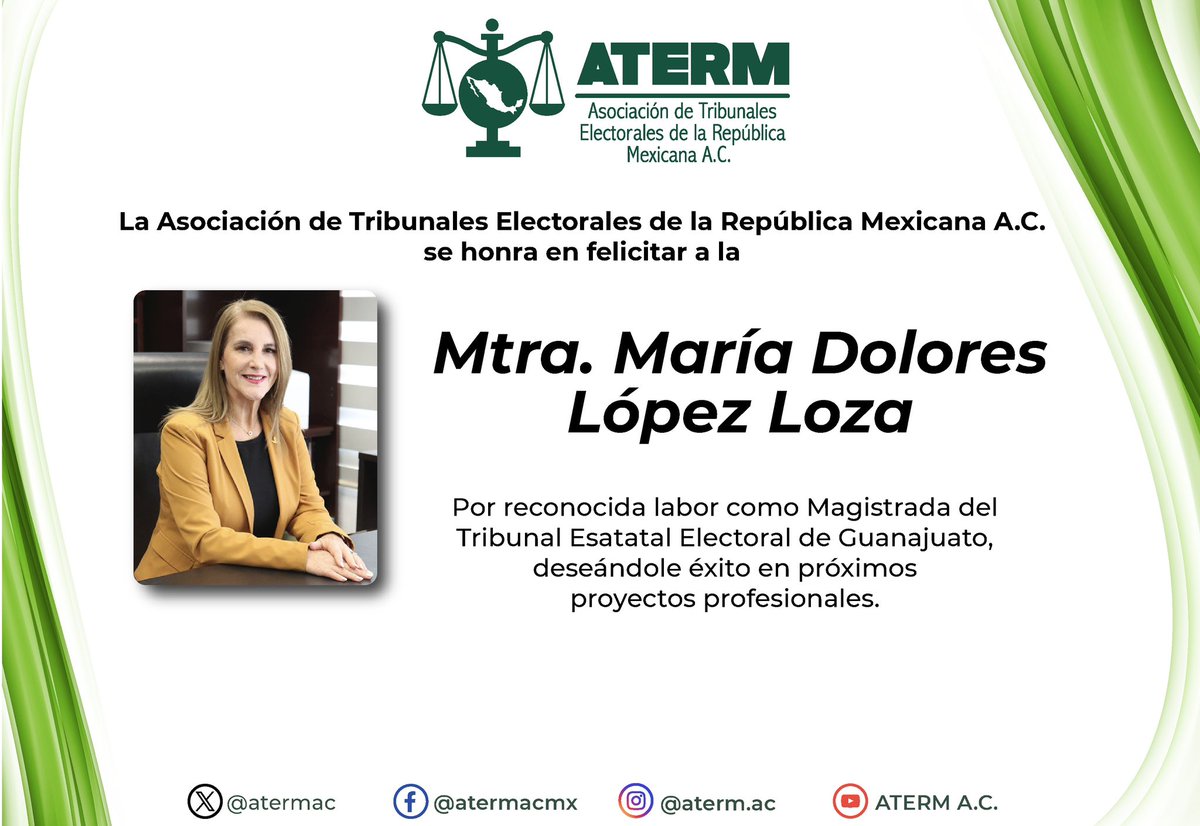 ATERM (@atermac) on Twitter photo Felicitamos a la Mtra. <a href="/lolitalopezloza/">María Dolores López Loza</a>, por su reconocida labor como Magistrada del <a href="/TEEGTO/">Tribunal Estatal Electoral de Guanajuato</a>
Le deseamos éxito en futuros proyectos profesionales. Felicitamos a la Mtra. <a href="/lolitalopezloza/">María Dolores López Loza</a>, por su reconocida labor como Magistrada del <a href="/TEEGTO/">Tribunal Estatal Electoral de Guanajuato</a>
Le deseamos éxito en futuros proyectos profesionales.