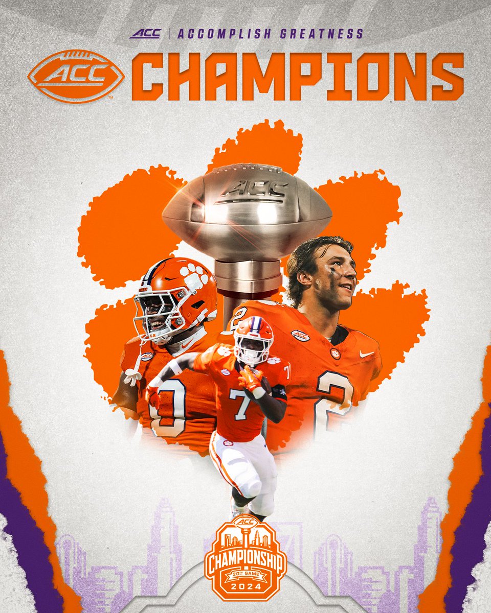 ACCFootball's tweet photo. THE CLEMSON TIGERS ARE ACC CHAMPIONS 🏆 https://t.co/1EsR3odoNX