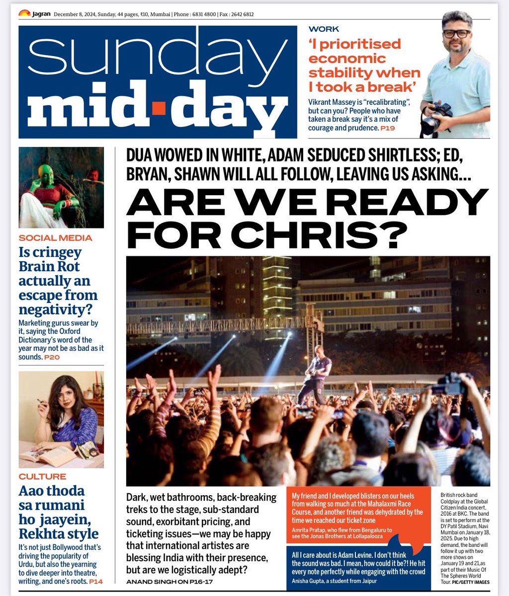 Aastha82's tweet image. The artists are international, but are our logistics on point? Are we concert ready? 
+why Urdu is finding favour with Gen Z
+can you take a sabbatical like Vikrant Massey?
+is #brainrot that bad? 
Pick up today’s #sundaymidday now #midday #bombay #mumbai #news #sunday