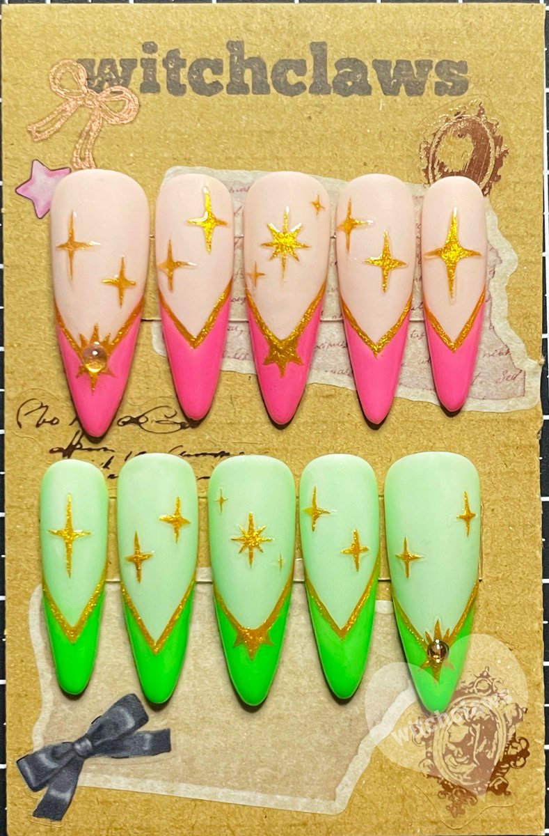 witchclawsnails's tweet photo. I’m dabbling in making premade sets for practice/fun and to sell for a discounted price ✨

I’m selling this Wicked-inspired set for $35 + shipping (from Japan) 💚🩷 https://t.co/j4zUtYFBpW