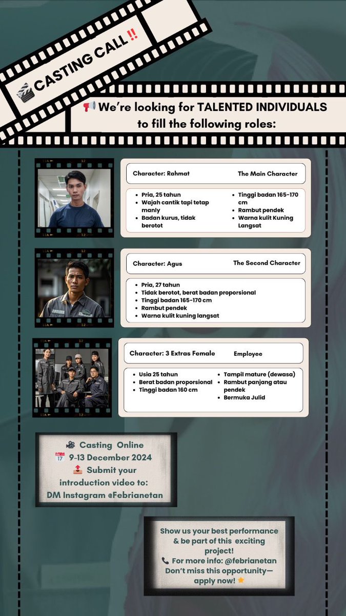 galuhdivaa's tweet photo. Hii, we’re looking for casts for our “TV &amp; Film Production” project. If you’re interested to be a part of our film, you can send your video to our contact person below. Thankyouu!! 😊 https://t.co/VHCmpiXrqr