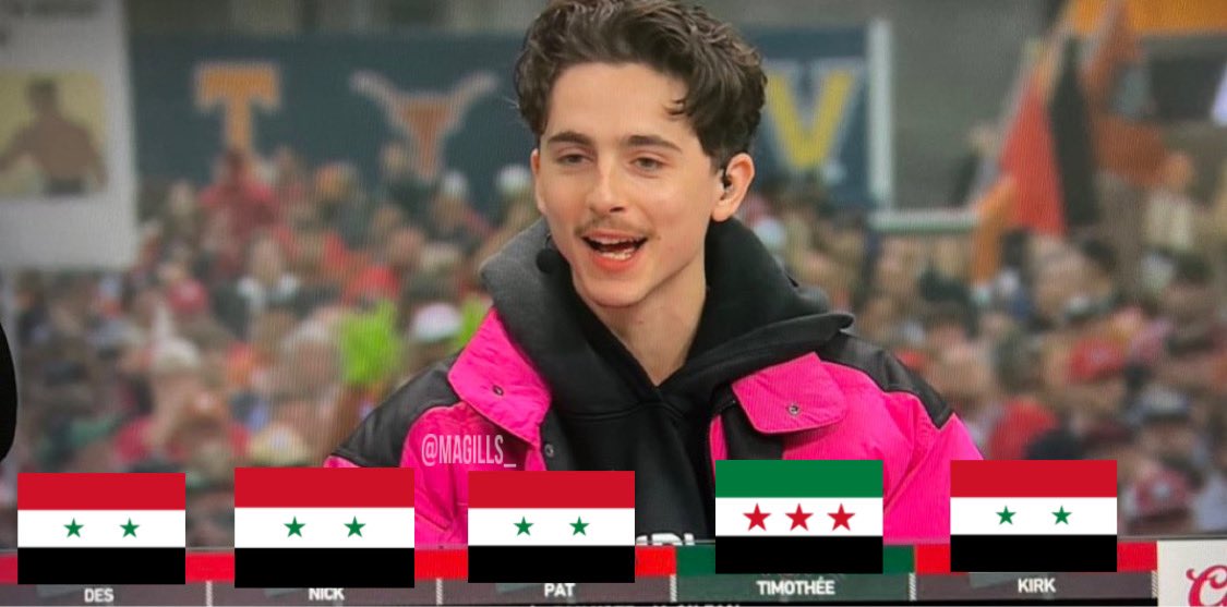 magills_'s tweet photo. Chalamet was the only one on Gameday to predict the Syrian Civil War correctly. Respect. https://t.co/xqOsW1L9qd