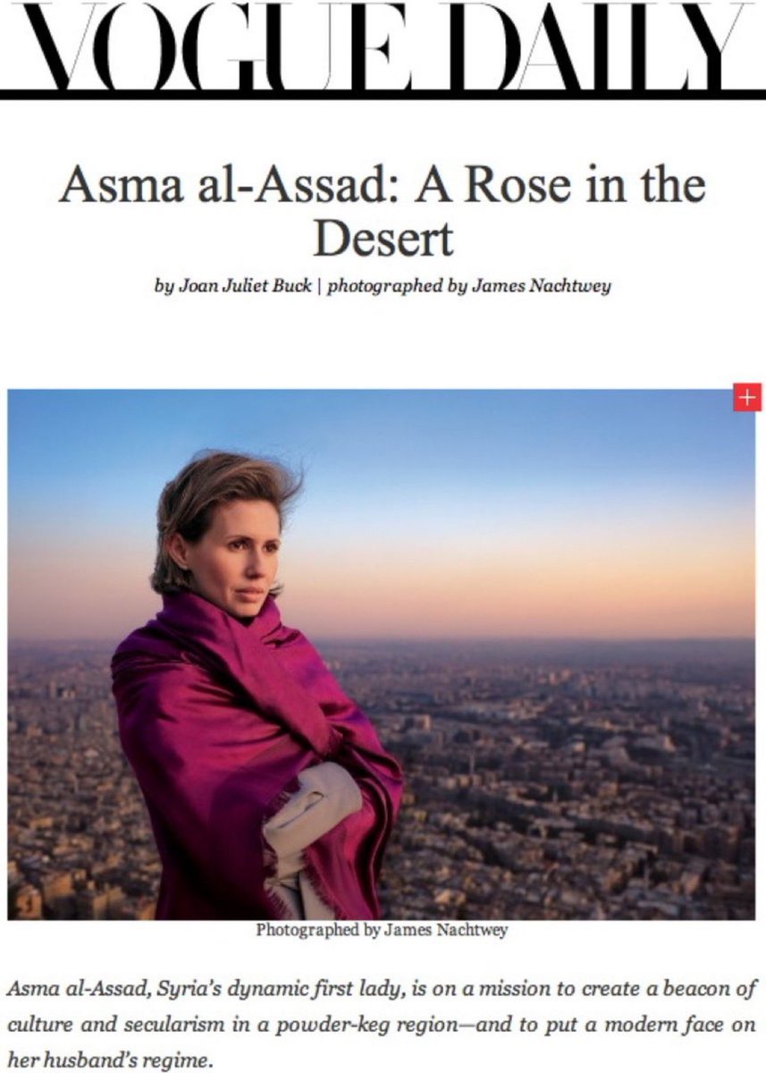 Ajit Pai on X: "A reminder that in 2012, @voguemagazine published a puff  piece on First Lady Asma al-Assad entitled “A Rose in the Desert,” deeming  the Assads a “wildly democratic" family