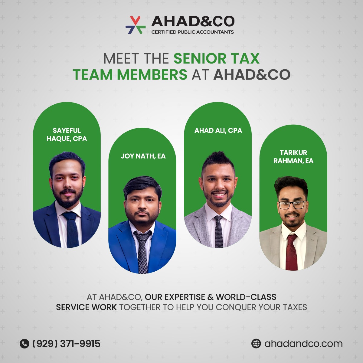 AhadCoCPA's tweet photo. 👋 𝐌𝐞𝐞𝐭 𝐭𝐡𝐞 𝐒𝐞𝐧𝐢𝐨𝐫 𝐓𝐚𝐱 𝐓𝐞𝐚𝐦 𝐚𝐭 𝐀𝐡𝐚𝐝&amp;𝐂𝐨!

At Ahad&amp;Co, our expertise and world-class service come together to help you conquer your taxes with ease and confidence. 

#AhadAndCo #TaxExperts #ClientFocused #WorldClassService #Teamwork https://t.co/pNgo8hlEn4