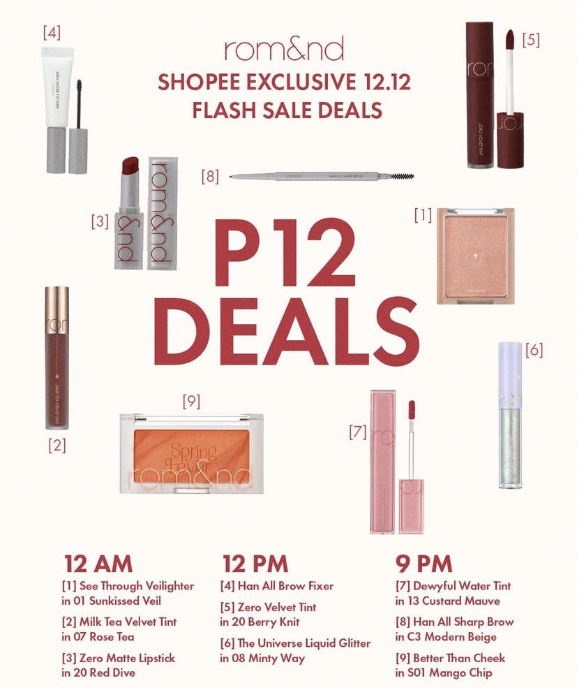 ROM&amp;ND 12 DEALS on 12.12💖 
cart now!

12am
1. s.shopee.ph/LWchhthTv
2. na
3. s.shopee.ph/9A81E6QlPl
12pm
4. s.shopee.ph/9KRRQTBreA
5. s.shopee.ph/6AUPeh4u1R
6. s.shopee.ph/7UznFAYHDg
9pm
7. s.shopee.ph/6V7G3MSxQe
8. s.shopee.ph/1Via6DpFUJ
9. s.shopee.ph/5AbsT0mjA7