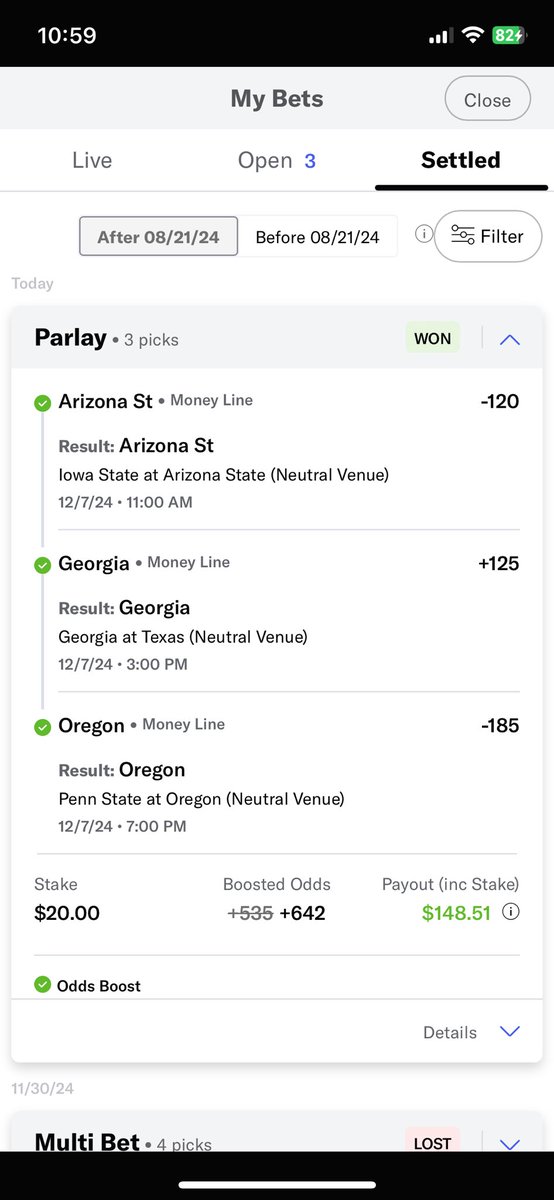 I am far from good at CFB as much as I love it. I usually bet a $10 parlay a week on a bonus bet or no sweat bet. Might be up 20% on investment over the year. I liked this one at +642.