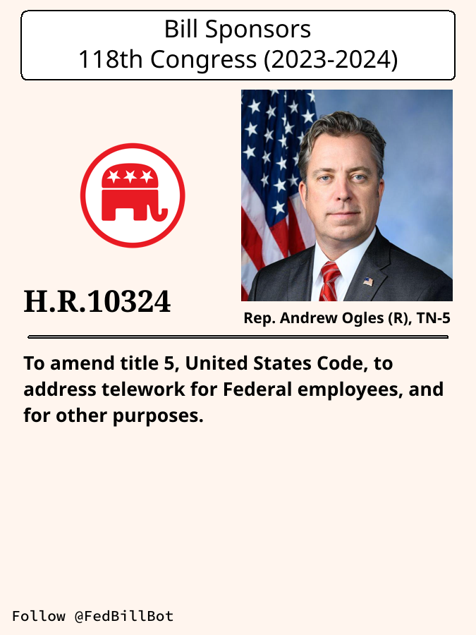FedBillBot's tweet image. H.R.10324
To amend title 5, United States Code, to address telework ...

SPONSOR: @RepOgles @AndyOgles
№ CO-SPONSORS: 0

STATUS: Introduced

LATEST ACTION: House floor - 2024-12-06 Referred to the House ...

#Republicans

congress.gov/bill/118th-con…