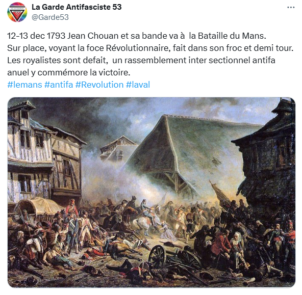 PHerbais's tweet photo. Le Mans, ils se sont battus contre une armée révolutionnaire bien plus nombreuse avec la force du désespoir. Parlons des massacres qui suivirent la bataille, femmes, enfants et vieillards, exterminés par les armées républicaines. La Révolution n'était pas le peuple.
#Chouans https://t.co/Z2biaKj8im