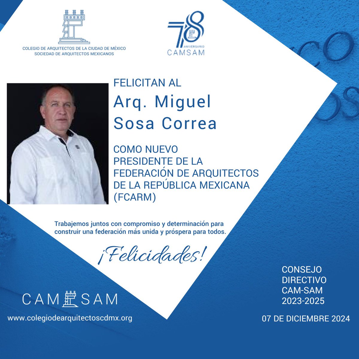 colegiodearqs's tweet photo. El #CAMSAM extiende una cálida felicitación al Arq. Miguel Sosa Correa por su reciente nombramiento como Presidente de la @FCARMNacional
Estamos seguros de que bajo su liderazgo visionario, la #FCARM continuará fortaleciendo el ejercicio de nuestra profesión.
#CAMSAM #FCARM https://t.co/X4cjKLgPG9