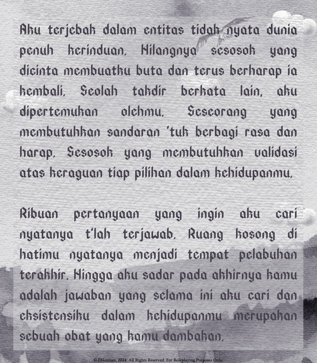 ㅤ

️️

️️
️️
️️
𝐌𝐈𝐒𝐈 𝐏𝐄𝐍𝐂𝐀𝐑𝐈𝐀𝐍 𝐑𝐄𝐋𝐀𝐒𝐈
𝐌𝐎𝐇𝐎𝐍 𝐁𝐀𝐍𝐓𝐔 𝐃𝐈𝐒𝐄𝐁𝐀𝐑𝐊𝐀𝐍

Dicari seorang Tuan kelahiran 2000-2005 yang berminat mengisi sebuah relasi romansa dengan kisah terlampir. Jika berminat boleh tinggalkan jejak.

️️

️️

️️

ㅤ