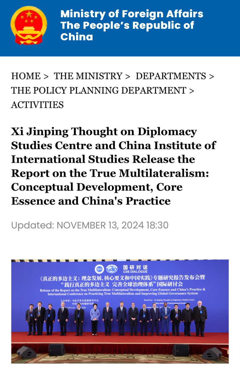 DrLiMengYAN1's tweet photo. The fall of the Syrian regime of Bashar al-Assad vividly demonstrates the pathetic destiny of dictators who united with 🇨🇳, embracing the guiding light of Xi Jinping Thought 🤡
• After Assad visited 🇨🇳 as Xi’s VIP guest last Sep, CCP’s propaganda has bragged loudly that Xi arranged four nations' fighter jets providing escort to Assad on his way back to Syria, so it is “a perfect display of diplomacy from great power in the new era under Xi’s leadership…Even Western media have described Assad's visit to China as a manifestation of 🇨🇳 growing influence”！
• To expand the dissemination of Xi Jinping Thought and deeply implement Xi’s theory on Diplomacy, on Nov 11, 2024, the Xi Jinping Thought on Diplomacy Studies Centre and the China Institute of International Studies held the Release of the Report on the True Multilateralism: Conceptual Development, Core Essence and China's Practice & International Conference on Practicing True Multilateralism and Improving Global Governance System. More than 200 people, including diplomatic envoys, representatives, and diplomats from nearly 70 countries and international organizations as well as Chinese and foreign scholars attended the event.