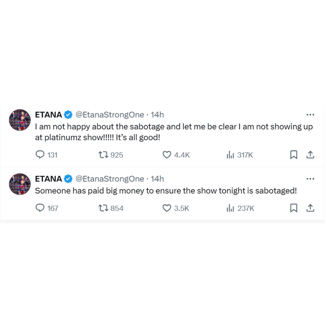 PulseLiveKenya's tweet photo. Etana alleges that efforts were made to sabotage her concert in Nairobi, as it coincided with Diamond Platnumz's performance.

#PulseEntertainment https://t.co/brzpnkWZag