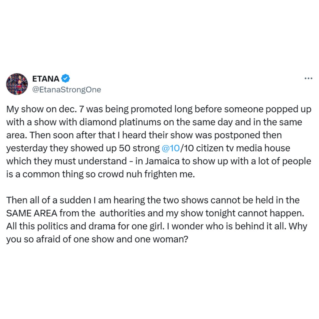 PulseLiveKenya's tweet photo. Etana alleges that efforts were made to sabotage her concert in Nairobi, as it coincided with Diamond Platnumz's performance.

#PulseEntertainment https://t.co/brzpnkWZag