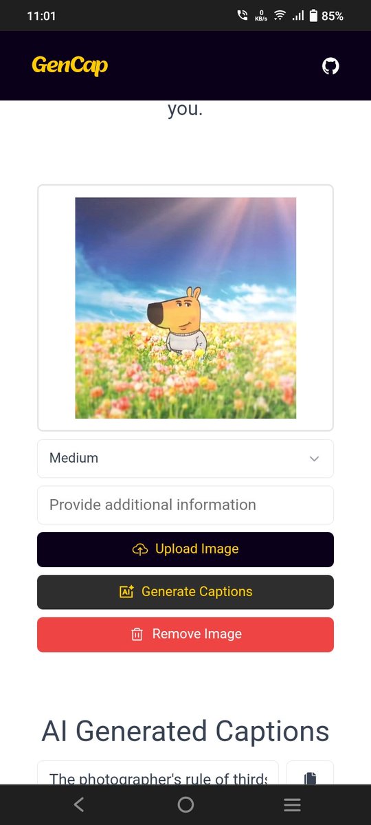 ParbhatSharma29's tweet image. Created a simple but interesting project using Llama vision AI API.
GenCap lets you generate captions by uploading an image and it will generate three captions for you.
Url - parbhat-cpp.github.io/gencap/
Repo - github.com/parbhat-cpp/ge…
#llama #ai #mern #react #nodejs #cloudflare