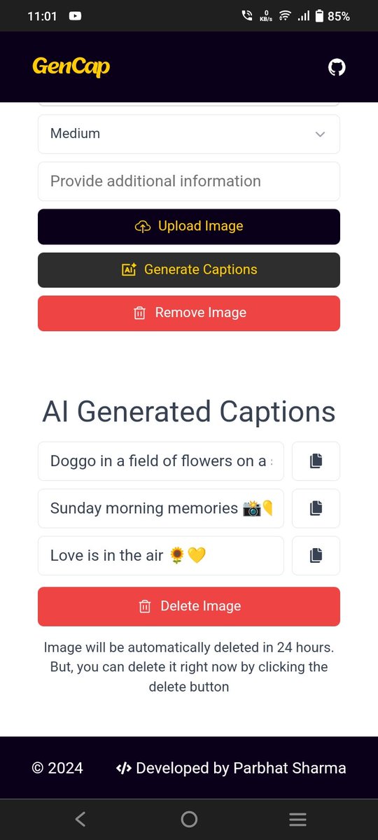 ParbhatSharma29's tweet image. Created a simple but interesting project using Llama vision AI API.
GenCap lets you generate captions by uploading an image and it will generate three captions for you.
Url - parbhat-cpp.github.io/gencap/
Repo - github.com/parbhat-cpp/ge…
#llama #ai #mern #react #nodejs #cloudflare