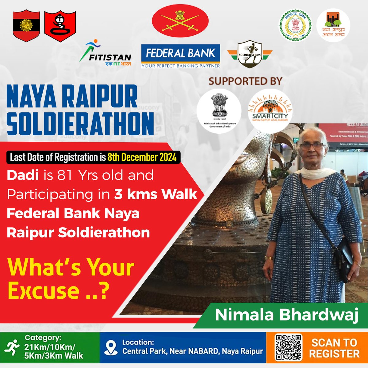 NavaRaipur's tweet photo. Age is just a number!  Join us at Soldierathon and show the world that determination knows no age limits. Register now and run for our brave hearts!

Last Date for registration - 8th December 2024

Registeration Link👇

https://t.co/pY3E22aP0x
 
#Soldierathon #RunForHeroes 
#NavaRaipur