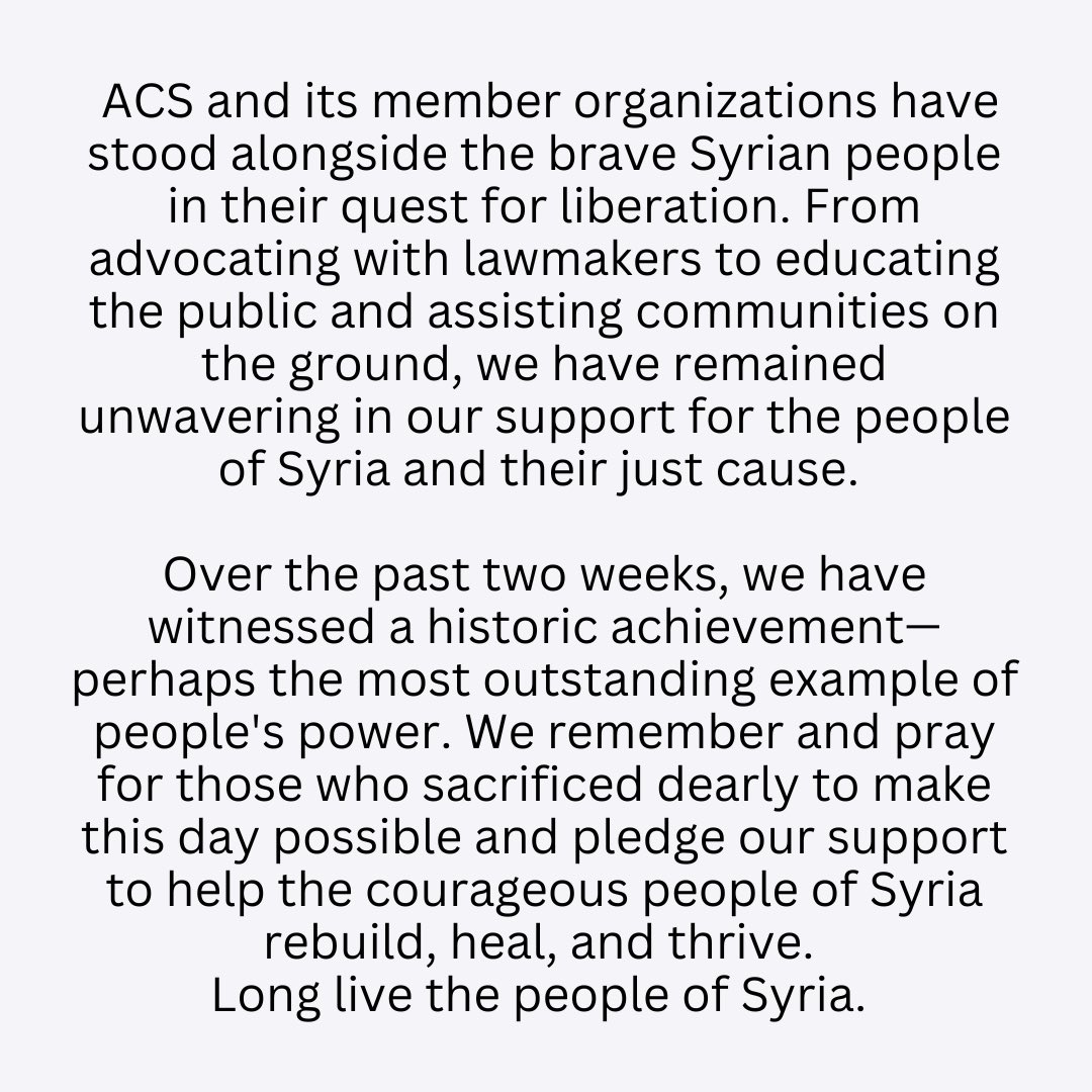 ACSyria's tweet photo. ✨A New Dawn for Syria✨
Today, we celebrate the Syrian people’s courage and resilience in overthrowing tyranny, and we stand with them in rebuilding a nation of hope and freedom. #democracy #justice #forSyria https://t.co/6LElBuFH7M
