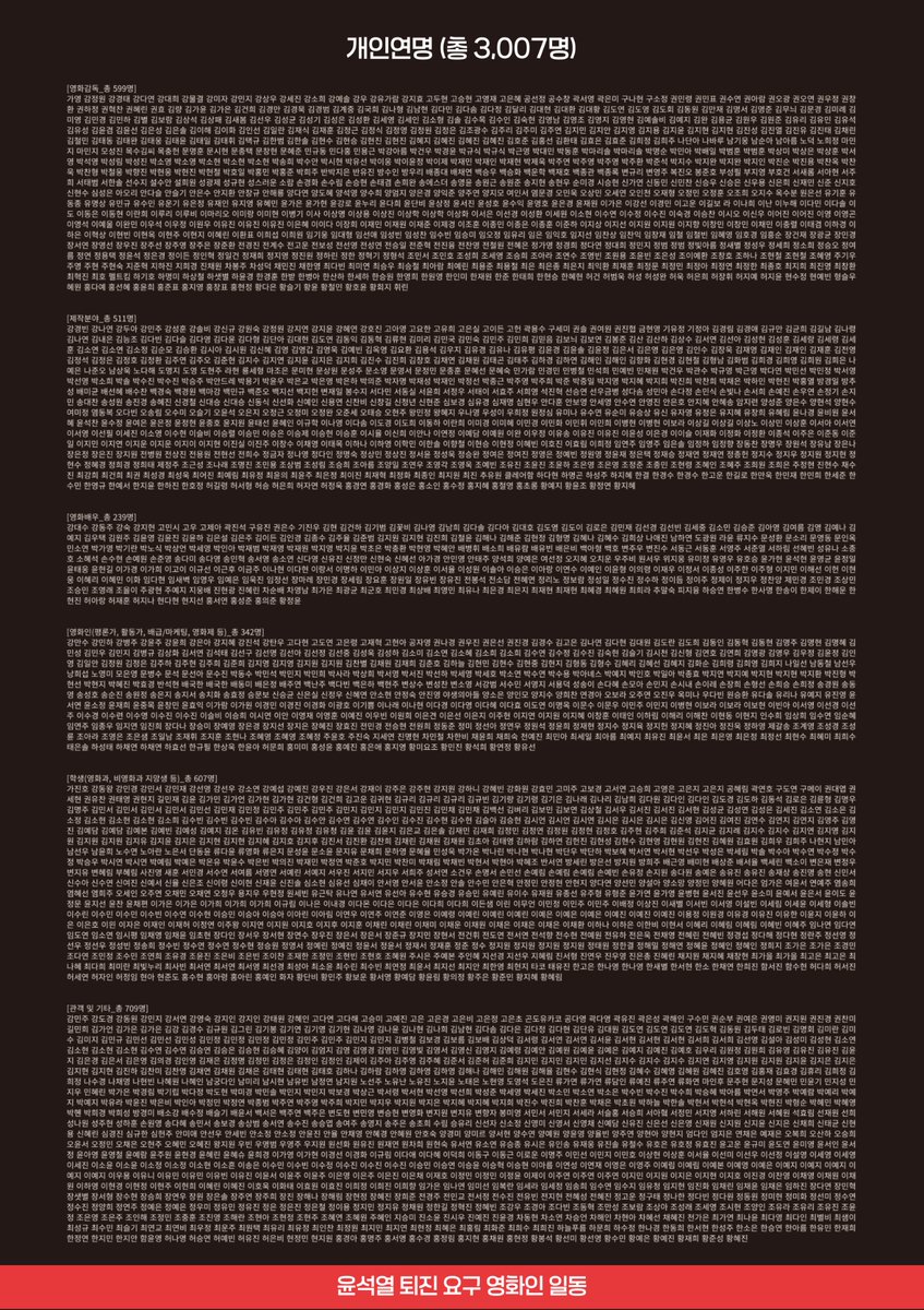 💡 윤석열 퇴진 요구 영화인 일동 1차 긴급 성명 <‘내란죄 현행범’ 윤석열을 파면, 구속하라!> 최종 연명 결과 공유합니다. 간밤의 일로 몸과 마음이 너무 고단하지만은 않길 바라며, 함께해주신 81개의 단체 및 회사, 3,007명의 영화인과 관객 여러분께 감사 전합니다. 앞으로도 같이 해나가요!☘️🍀🙌🏼