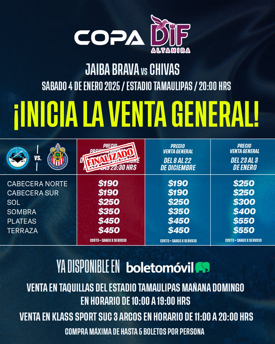 JaibaBrava_TM's tweet photo. 🔥 ¡INICIA LA VENTA GENERAL! 

Jaiba Brava 🦀 🆚️ 🐐 Chivas 

💻 Adquiere  tus boletos a través de @boletomovil: https://t.co/6e0qnrys6H 

➡️  Mañana en Taquillas del Estadio 🏟 de 10:00 a 19:00 Hrs.

➡️ Klass Sport Suc. 3 Arcos de 11:00 a 20:00 Hrs.

#Inquebrantables 💙 https://t.co/71CUNWbYAI