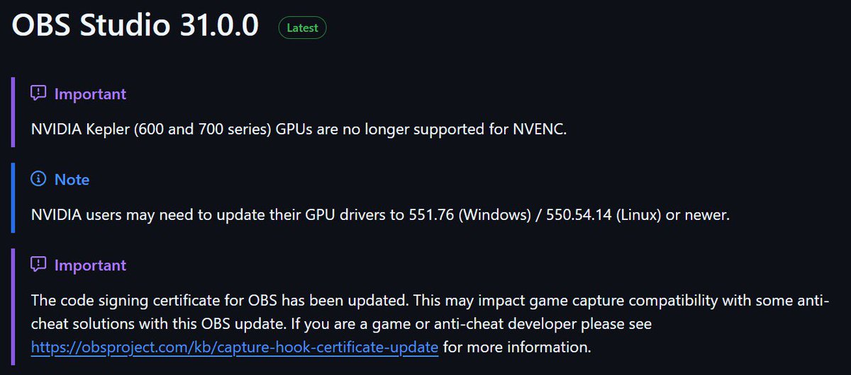 HardwarePremium's tweet image. 🚨 OBS Studio 31.0 ya está aquí, pero trae un cambio importante: las GPUs NVIDIA Kepler (series 600 y 700) ya NO serán compatibles con NVENC. 🚫💻

Asegúrate de actualizar tus drivers a 551.76 (Windows) o 550.54.14 (Linux) si usas NVIDIA. 📥⚙️

#OBSStudio #Streaming