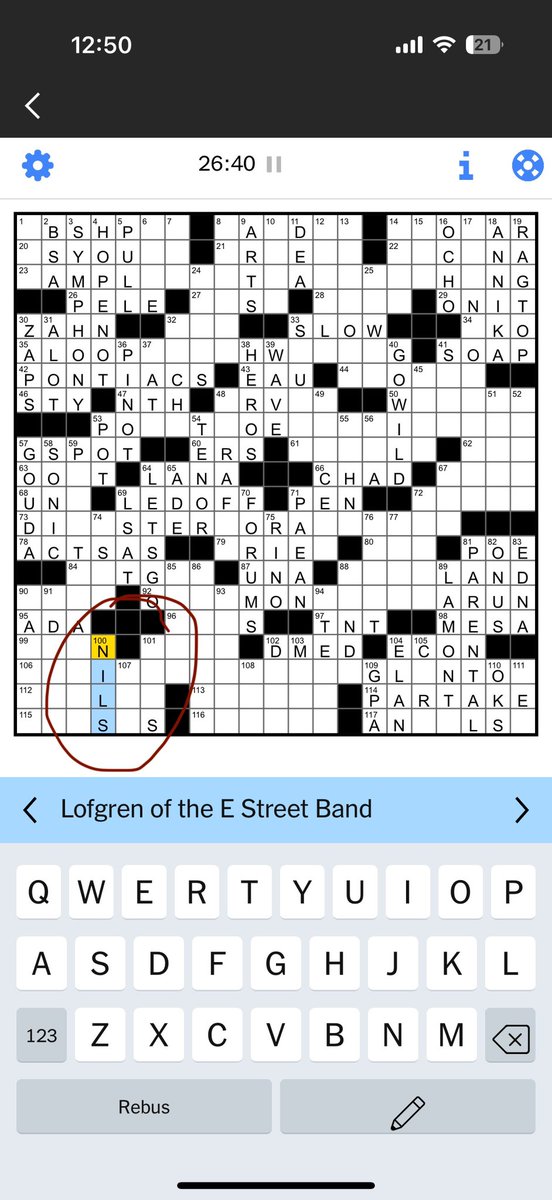 carolynryan's tweet photo. @azsweetheart013 @nilslofgren 
Look who is in the NYT Sunday crossword puzzle. 100 down! https://t.co/03W2q5GgMT