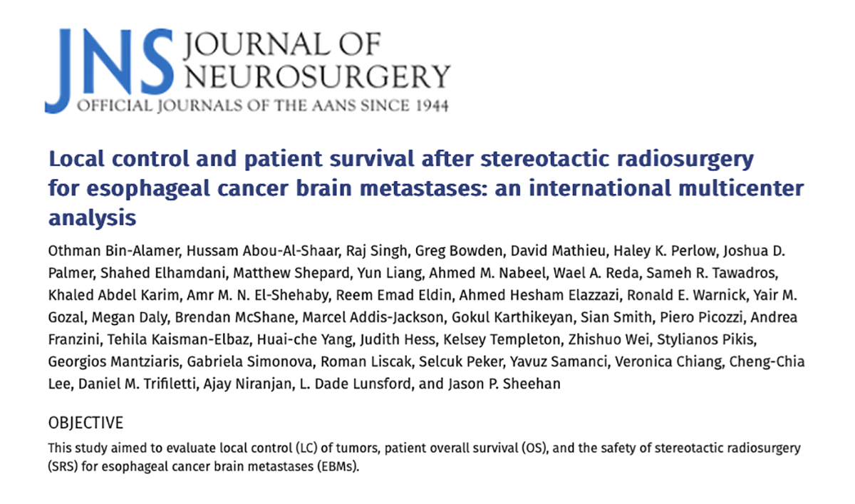 Intl Radiosurgery Research Foundation (@intrrf) on Twitter photo Stereotactic radiosurgery for esophageal cancer brain metastases demonstrated high survival rates and effective tumor control, with a low incidence of severe adverse radiation effects. bit.ly/3B8fPR1 <a href="/Obinalamer/">Othman Bin-Alamer</a> <a href="/haboualshaar/">Hussam Abou-Al-Shaar</a> <a href="/PittNeurosurg/">Pitt Neurosurgery</a> <a href="/jasonpsheehan/">Jason Sheehan</a> Stereotactic radiosurgery for esophageal cancer brain metastases demonstrated high survival rates and effective tumor control, with a low incidence of severe adverse radiation effects. bit.ly/3B8fPR1 <a href="/Obinalamer/">Othman Bin-Alamer</a> <a href="/haboualshaar/">Hussam Abou-Al-Shaar</a> <a href="/PittNeurosurg/">Pitt Neurosurgery</a> <a href="/jasonpsheehan/">Jason Sheehan</a>