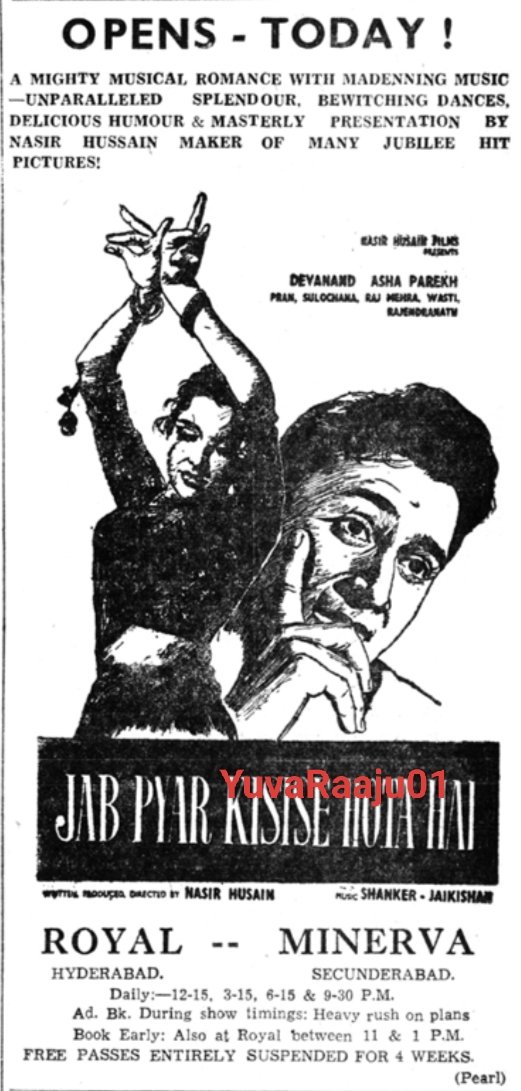 YuvaRaaju01's tweet photo. #63YearsForJabPyarKisiseHotaHai
Starring: #DevAnand

BLOCKBUSTER 💥

Hyd - ROYAL - 183DAYS RUN 💥🔥👌 Replaced in #Aarti

Secbad - MINERVA - 56DAYS RUN 💥 Replaced with #DharmPutra

PIC 4 : 
CROWD at ROYAL 🔥💥INSANE https://t.co/LGBQJXG6JC