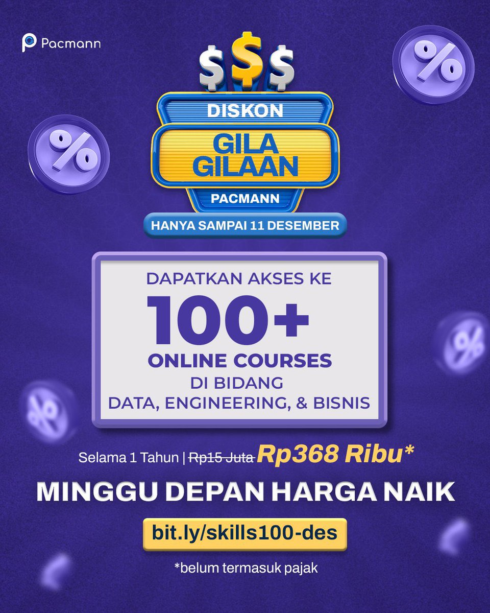rubentin_'s tweet photo. Mau nambah skills tapi waktu terbatas?

Yuk ikutan self-paced learning dari @pacmannai yg lagi ngasih diskon gila2an! Kita bisa dpt akses 100++ ONLINE COURSES materi ML, DS, DA, DE, &amp; Business untuk 1 tahun, cuma 368rb!!

Cek detail https://t.co/yEH49lGHJi https://t.co/91rY7WaoXx