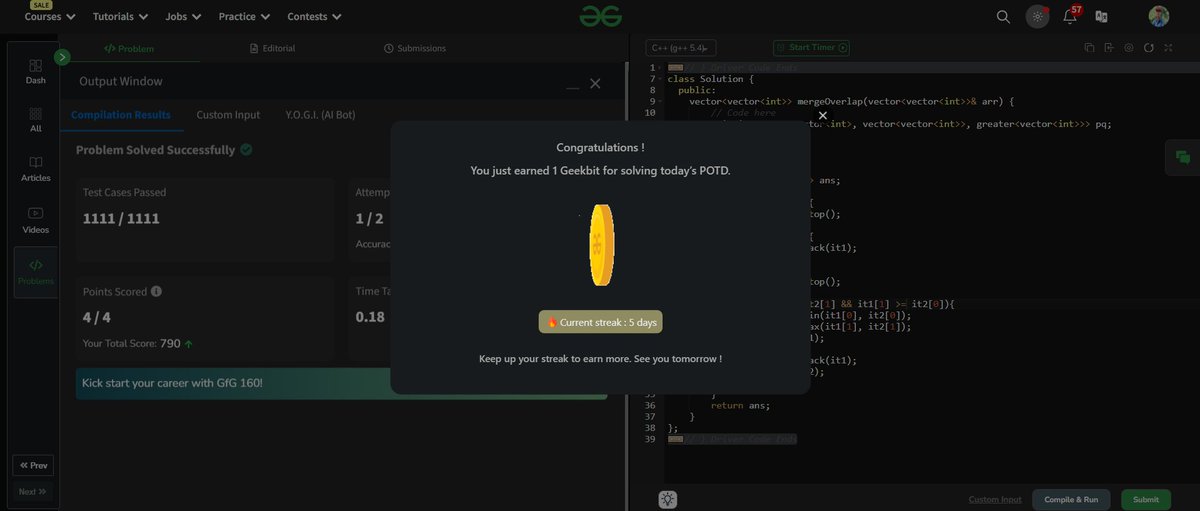 khushalmajoka's tweet photo. π Day 24 of #geekstreak2024
Problem: Overlapping Intervals π
Hint: Use a priority queue to merge intervals by comparing start and end times. Keep track of overlapping intervals dynamically.
Tags: #gfg160 #DailyCoding #ProgrammingChallenge #DSA #TechJourney #LearnToCode https://t.co/Mc1dFmAFD9
