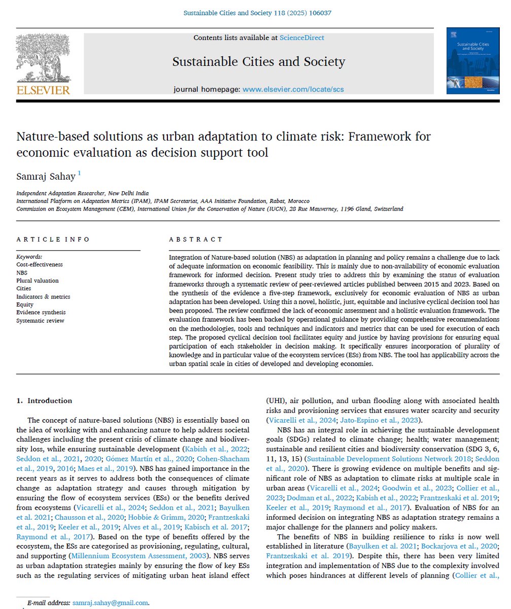 samrajsahay's tweet photo. 📢Sharing my new article - evaluation framework for effectiveness and economic validity of #NbS as #urban #adaptation to #climate risks as a decision tool for informed decision 
Access: https://t.co/dGrvR3tnLZ

#naturebasedsolutions #cities #climatefinance #equity #DRR #SDGs https://t.co/noqbpa7ZEV